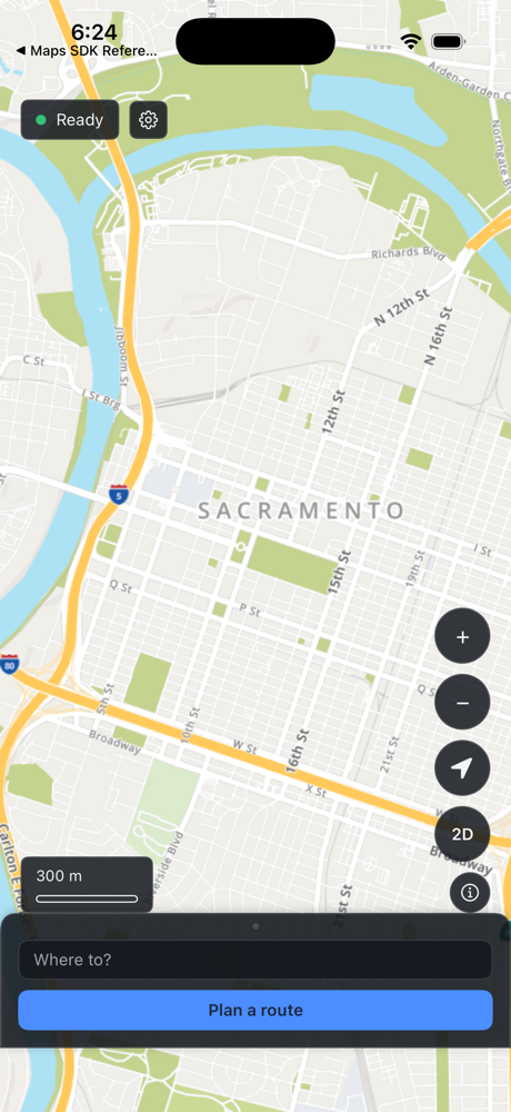The React Native reference application rendering downtown Sacramento inside the shared JS shell, with the readiness chip, map controls and the search dock